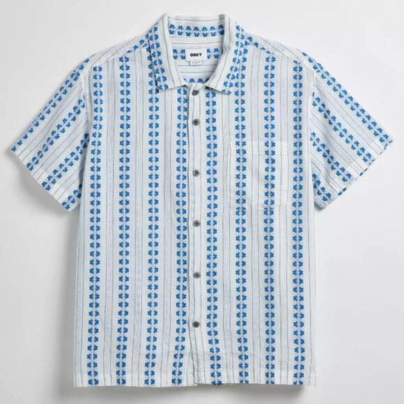 OBEY Harmony Woven Shirt short sleeve mens medium blue/white cropped camp collar - Picture 1 of 10